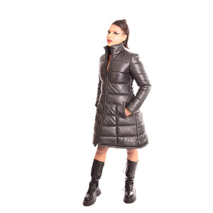 Michael Lombard - Black 3/4 Length Quilted Sheepskin Leather Coat