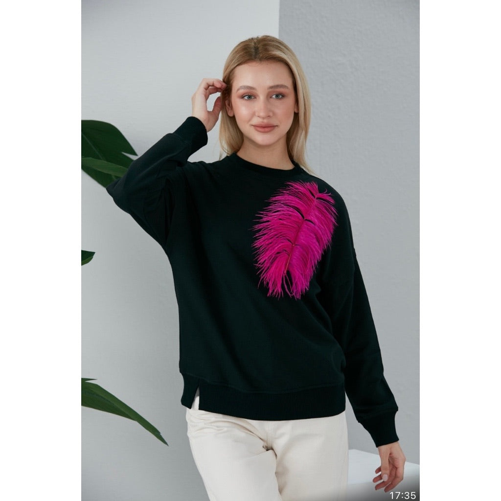 Black Jumper With Fuchsia Feather