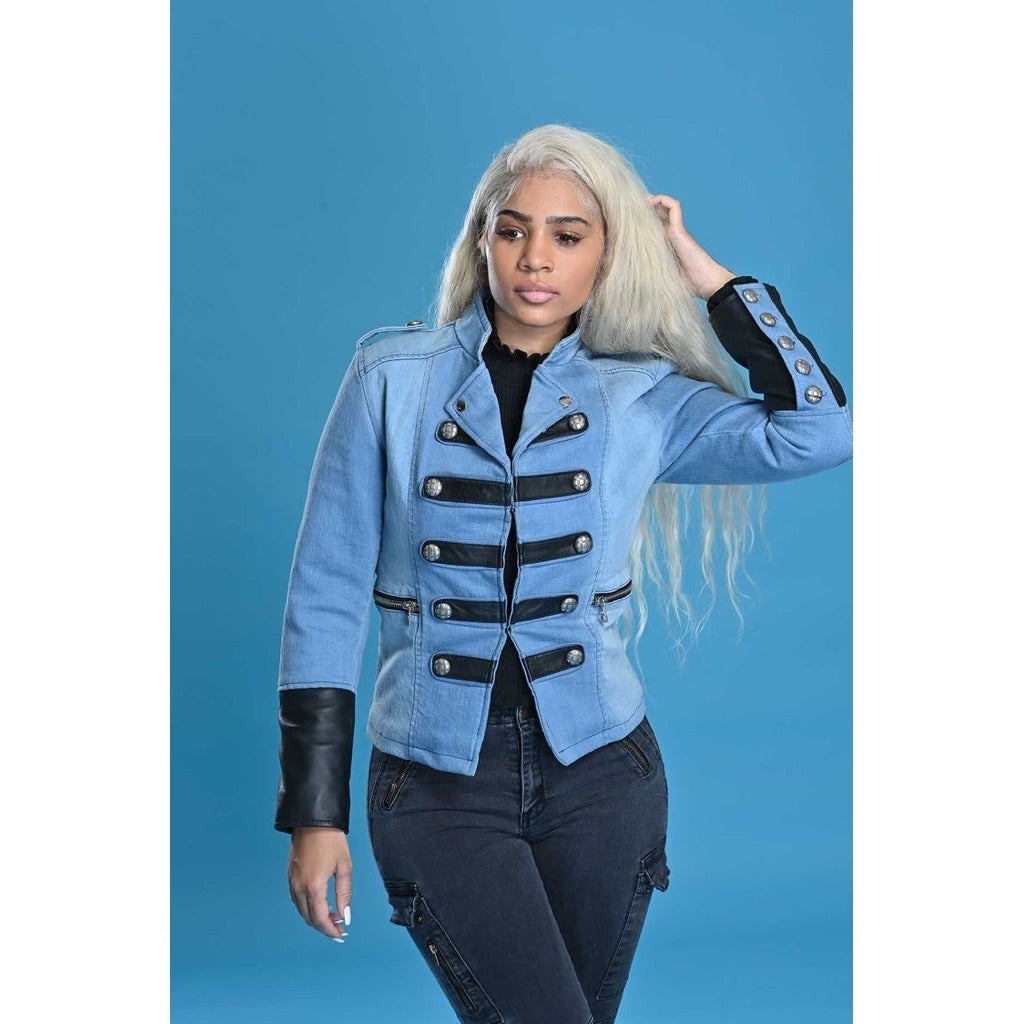 Michael Lombard Denim/Leather Military Jacket Blushing Violet